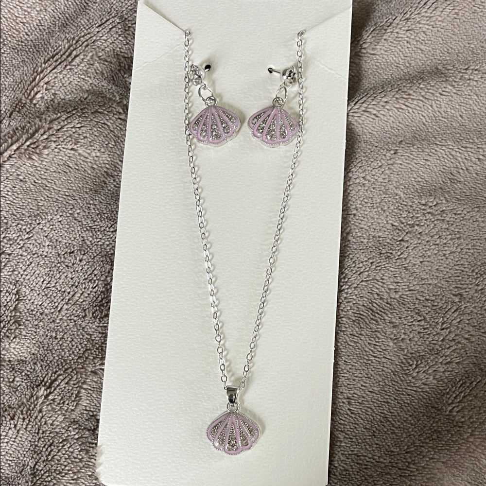 Elegant Silver Pink Shell enamel Jewelry Set earrings necklace rhinestones nwt